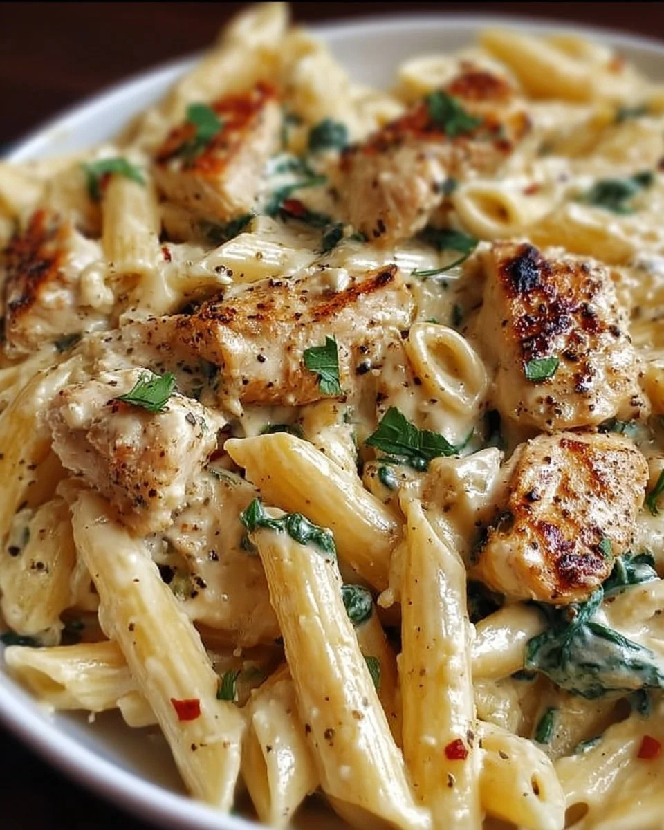 Creamy ricotta chicken pasta served with fresh herbs and grated cheese