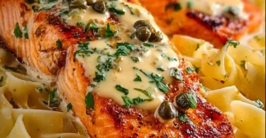 Creamy salmon piccata plated with lemon slices and capers