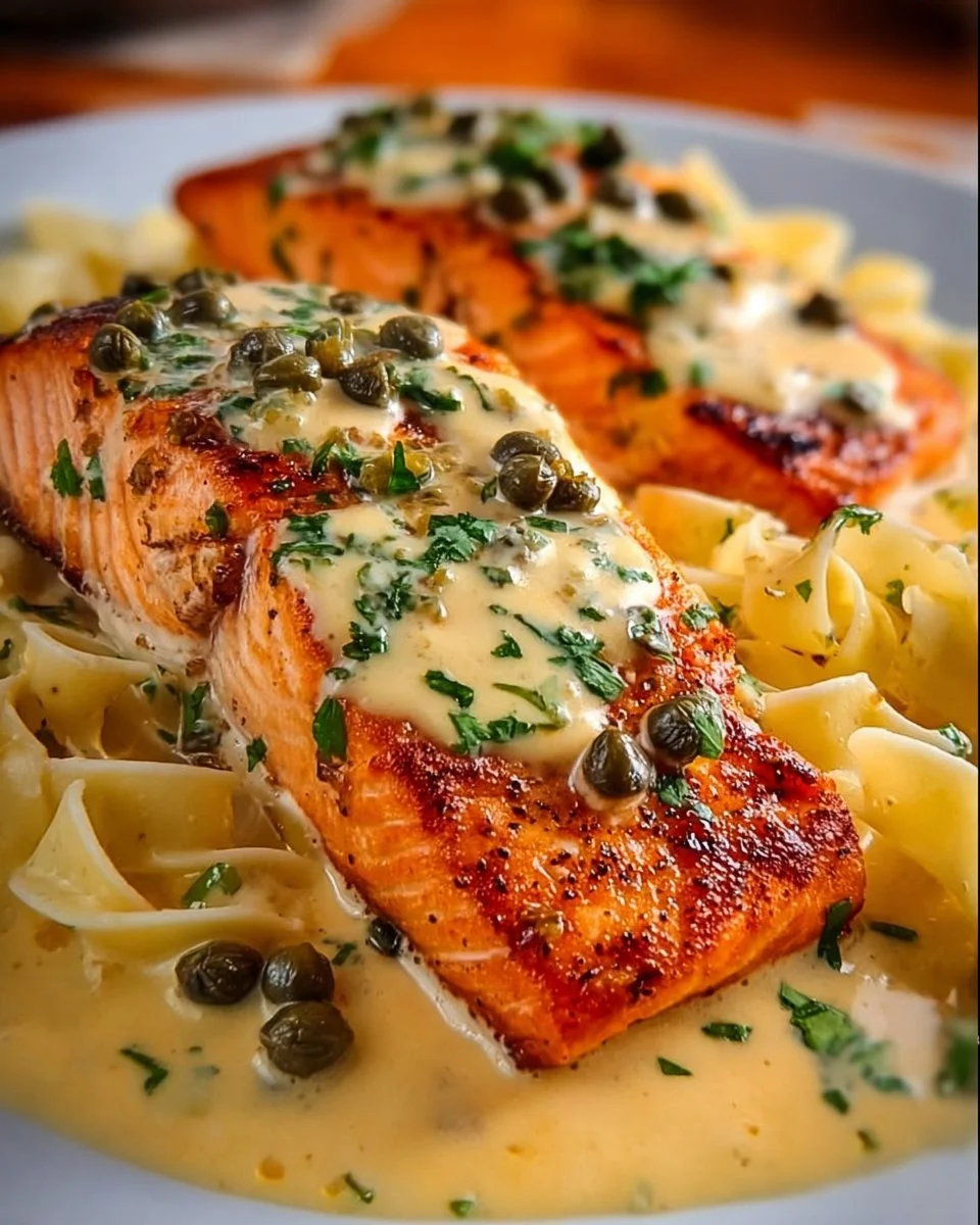 Creamy salmon piccata plated with lemon slices and capers