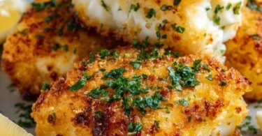 Crispy air fryer parmesan cod fillets served on a plate with lemon and herbs