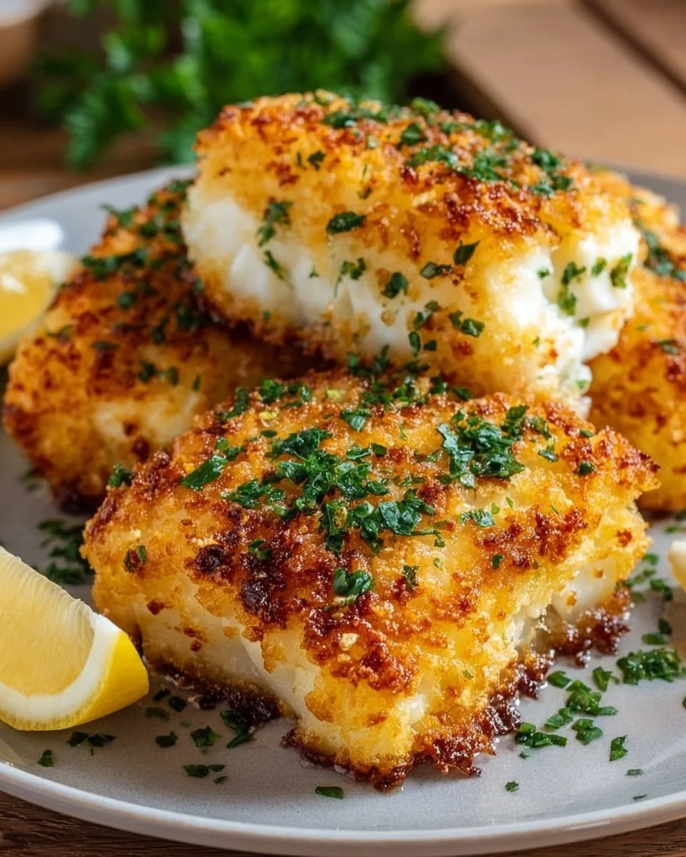 Crispy air fryer parmesan cod fillets served on a plate with lemon and herbs