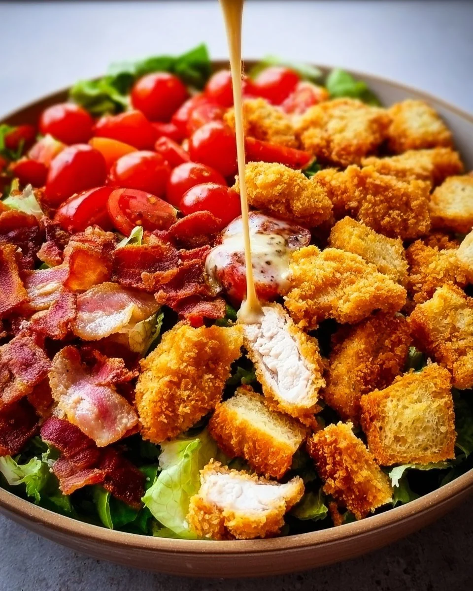 Crispy Chicken BLT Salad with greens, bacon, and grilled chicken on a plate.