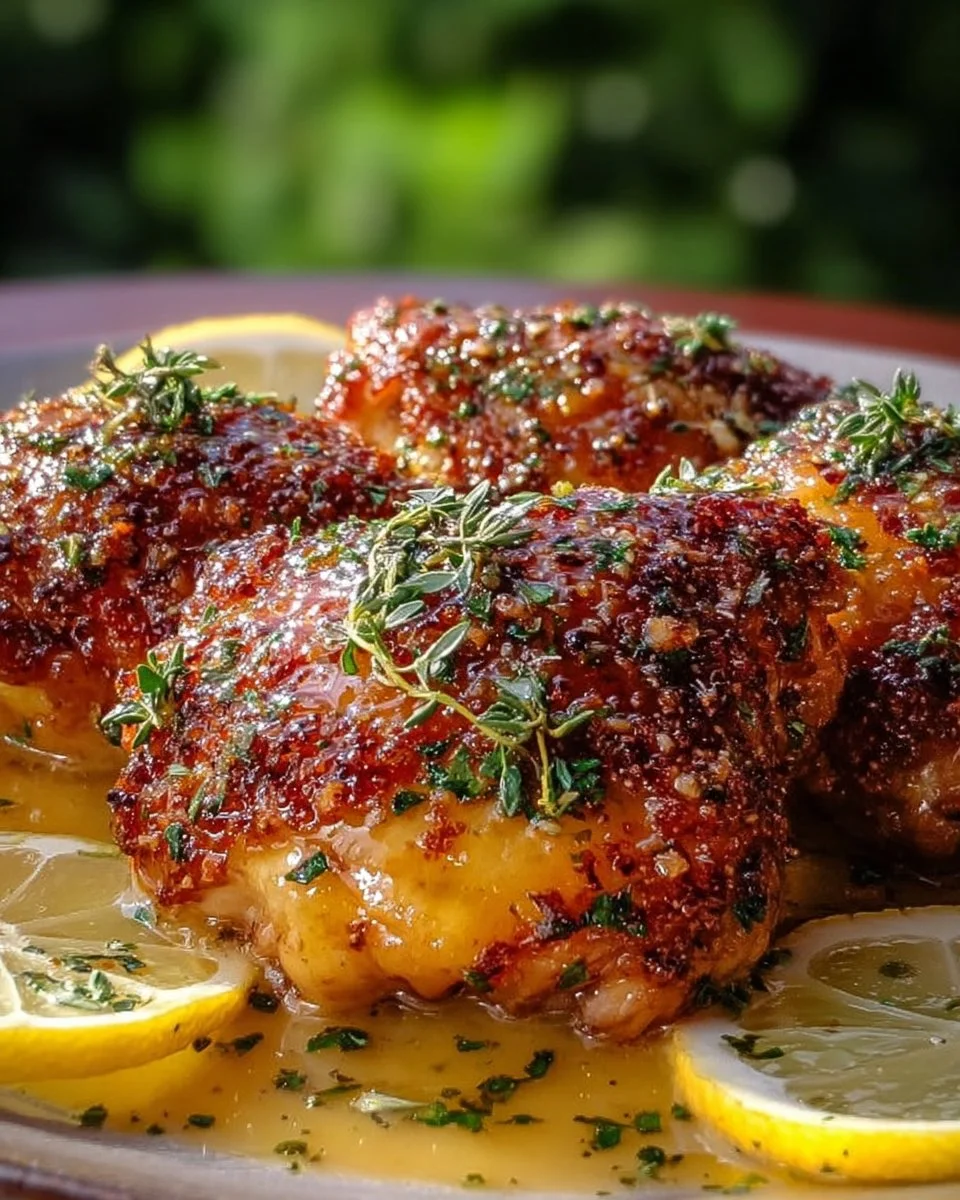 Crispy oven baked chicken thighs with lemon garlic butter sauce