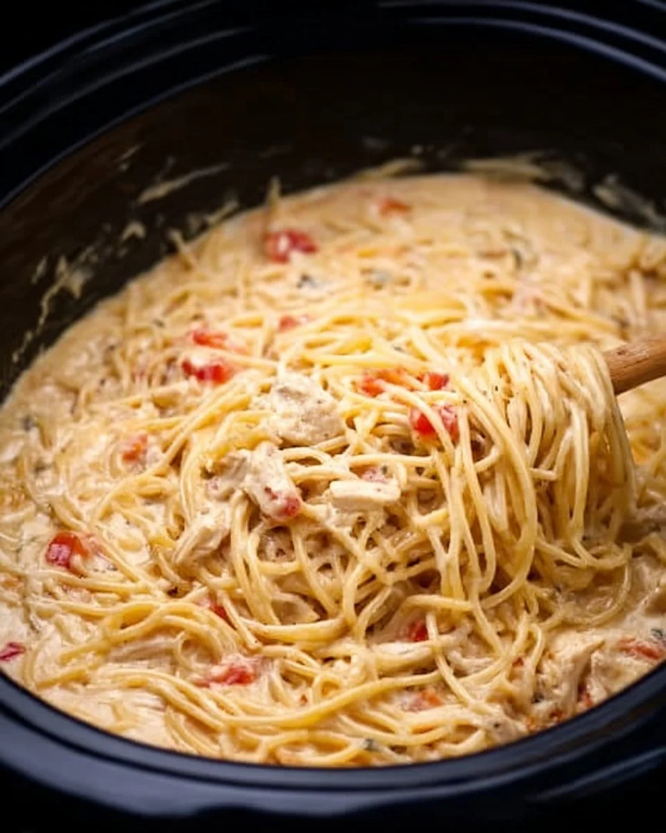 Crock Pot Cheesy Chicken Spaghetti dish prepared with creamy sauce and chicken