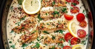 Crockpot creamy garlic parmesan chicken dish garnished with herbs