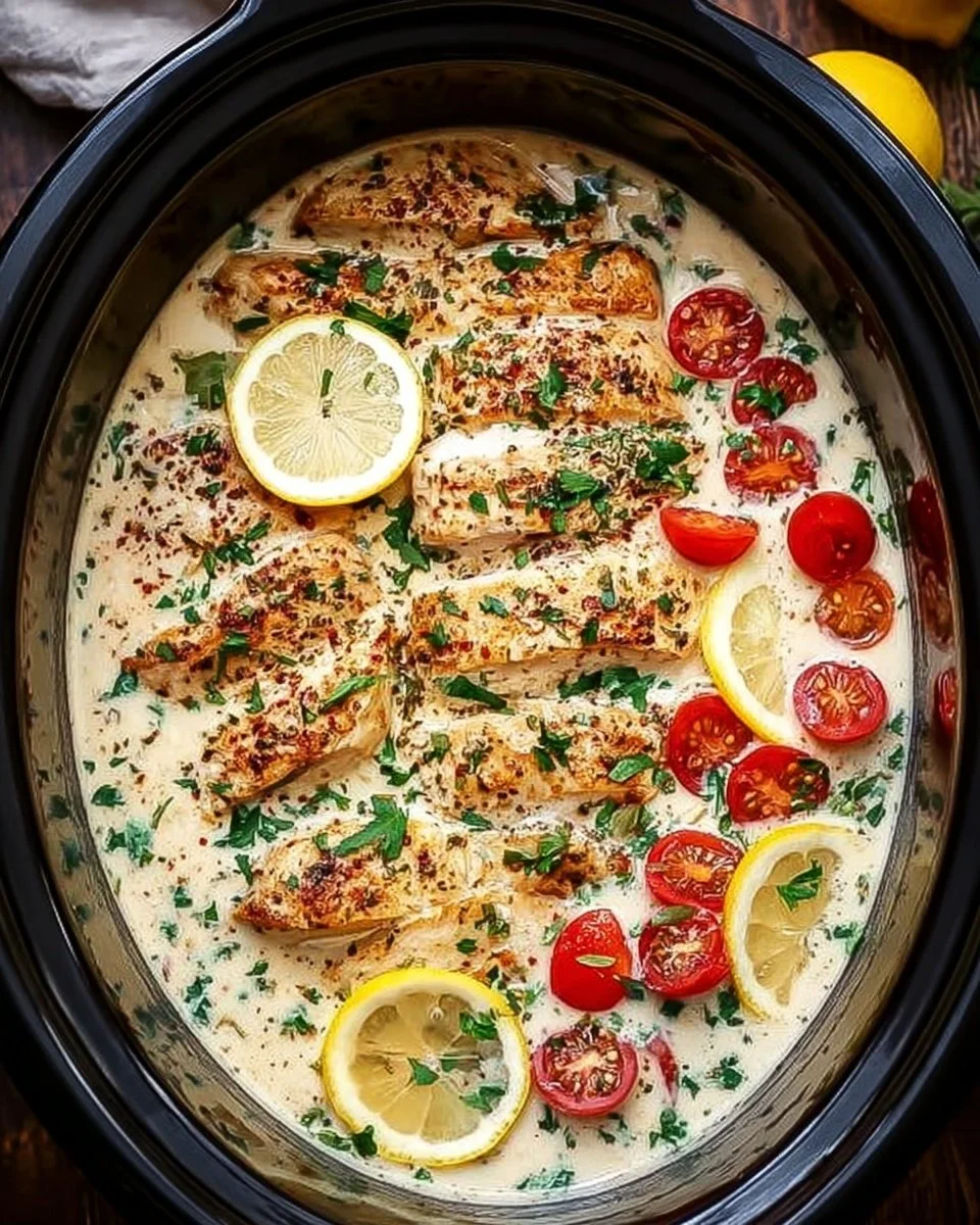 Crockpot creamy garlic parmesan chicken dish garnished with herbs