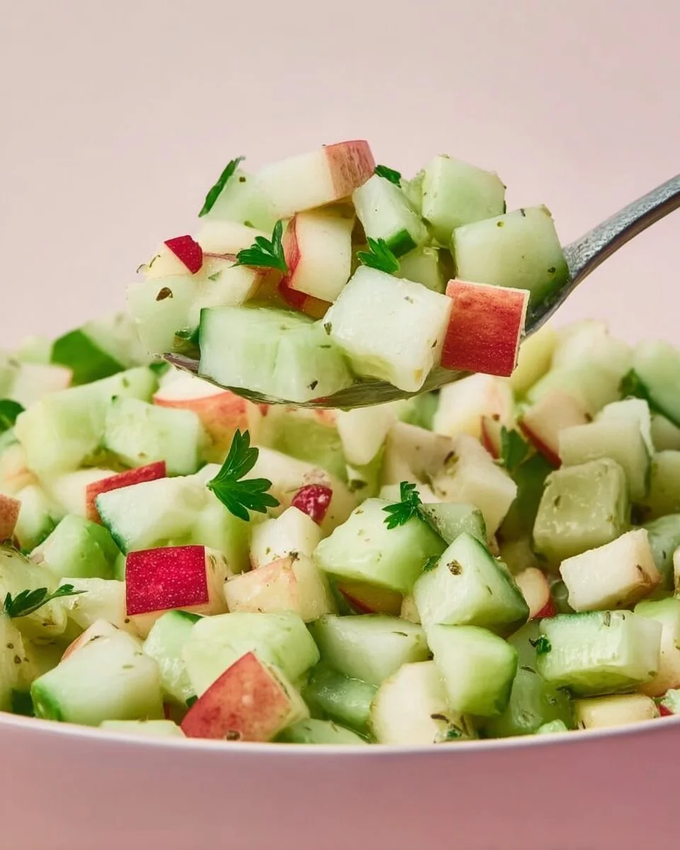 Fresh cucumber apple salad served in a bowl, drizzled with dressing