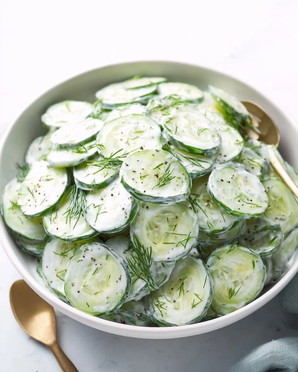 Fresh cucumber yogurt salad with herbs and spices, served in a bowl.
