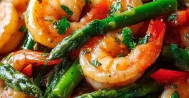 Healthy shrimp stir fry with asparagus served in a bowl