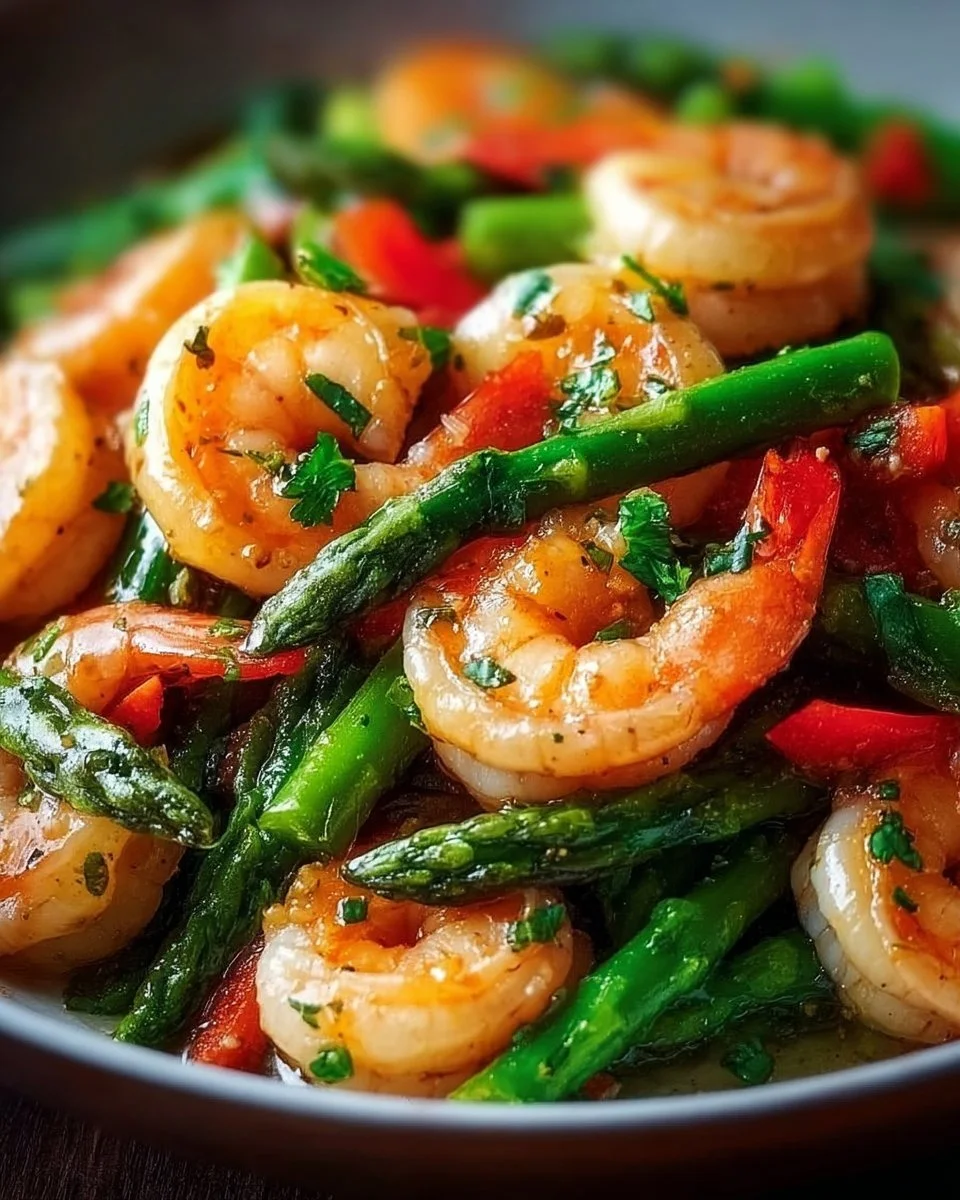 Healthy shrimp stir fry with asparagus served in a bowl