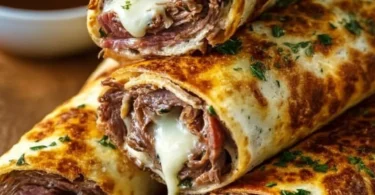 Delicious French Dip Tortilla Roll Ups served on a plate with dipping sauce