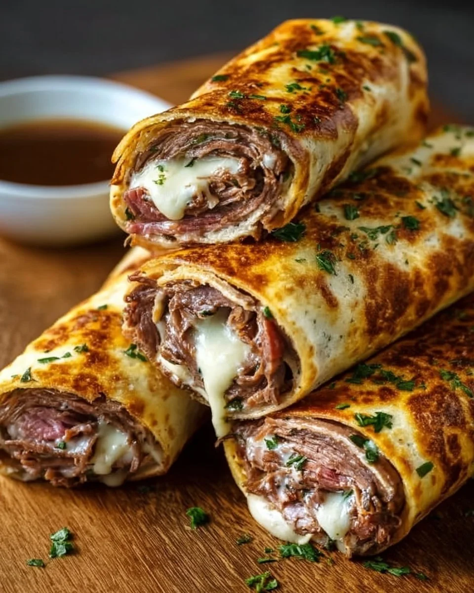 Delicious French Dip Tortilla Roll Ups served on a plate with dipping sauce