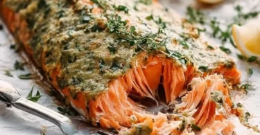 Delicious Dijon baked salmon served on a plate with herbs and lemon slices.