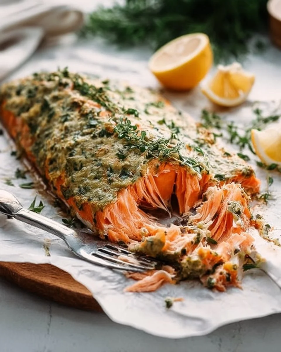 Delicious Dijon baked salmon served on a plate with herbs and lemon slices.