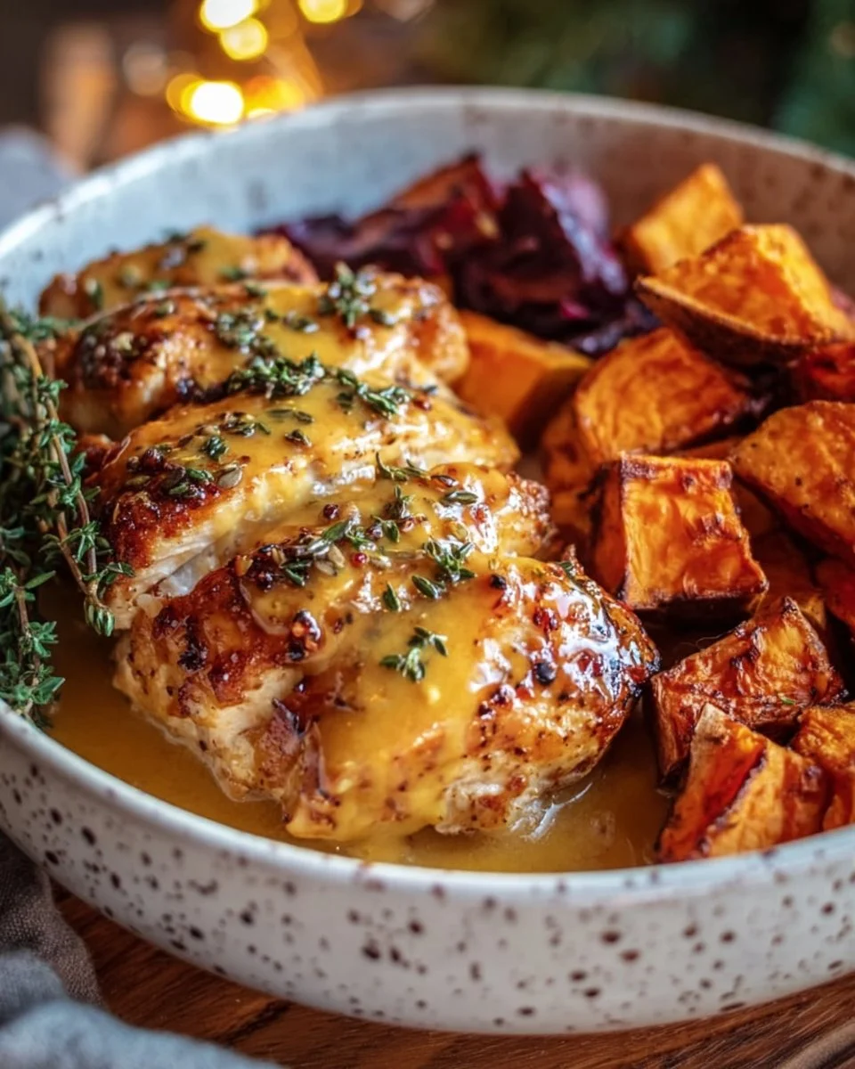 Delicious Maple Dijon Chicken bowl with sweet potatoes for a cozy fall dinner