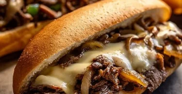Cooked Easy Slow Cooker Philly Cheesesteak served in a sandwich