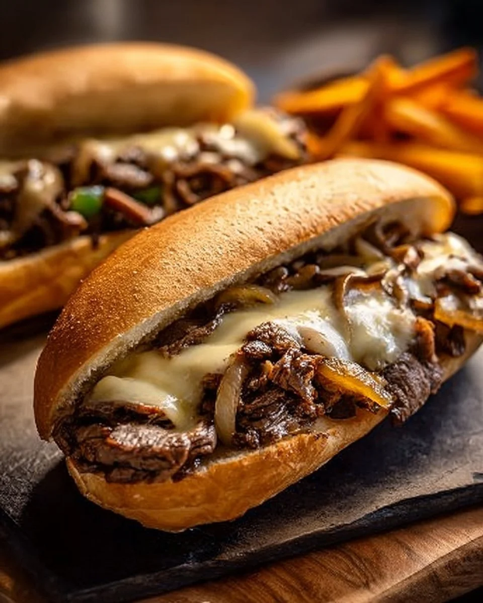 Cooked Easy Slow Cooker Philly Cheesesteak served in a sandwich