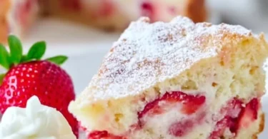 Delicious French strawberry cake topped with fresh strawberries and whipped cream.