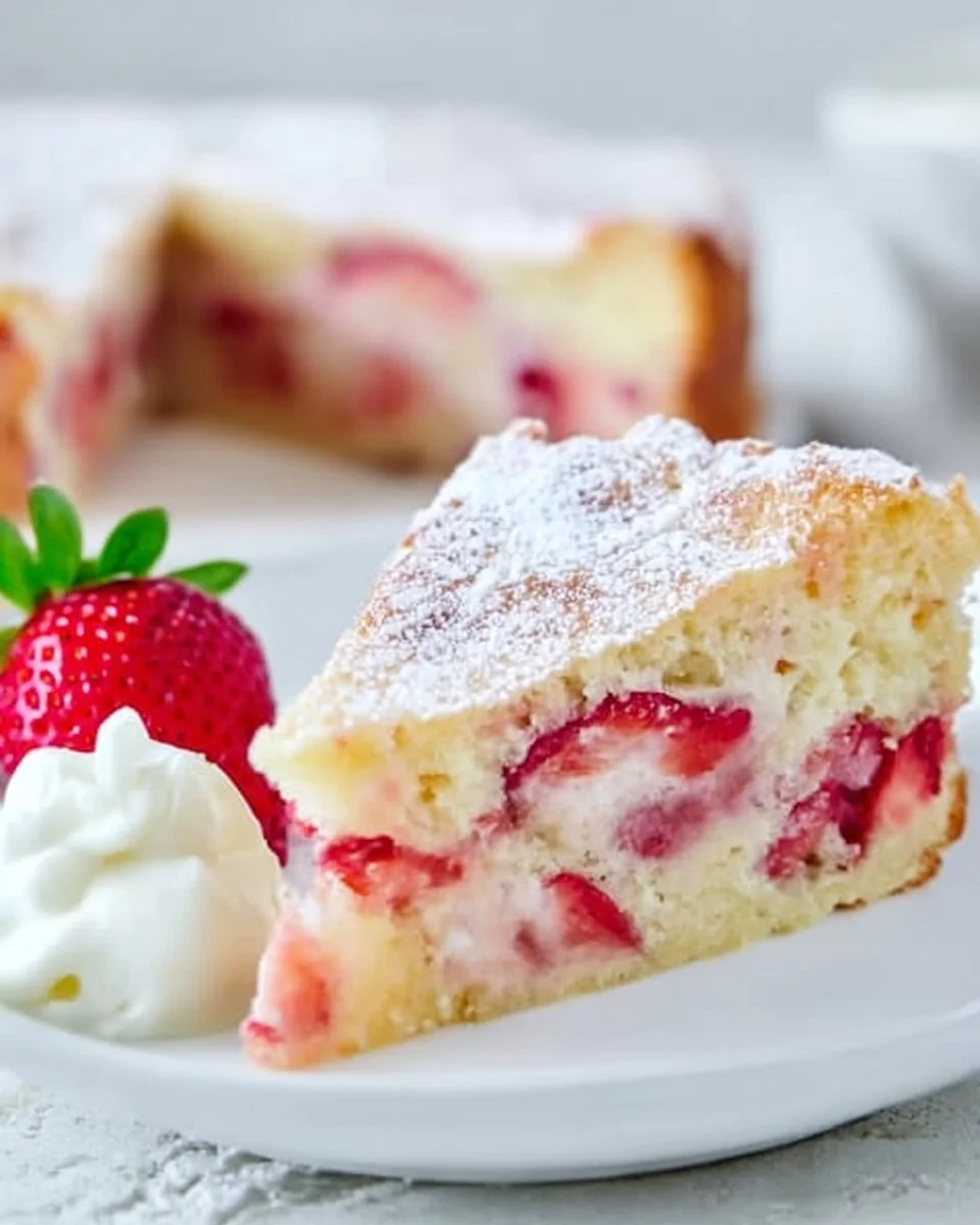Delicious French strawberry cake topped with fresh strawberries and whipped cream.