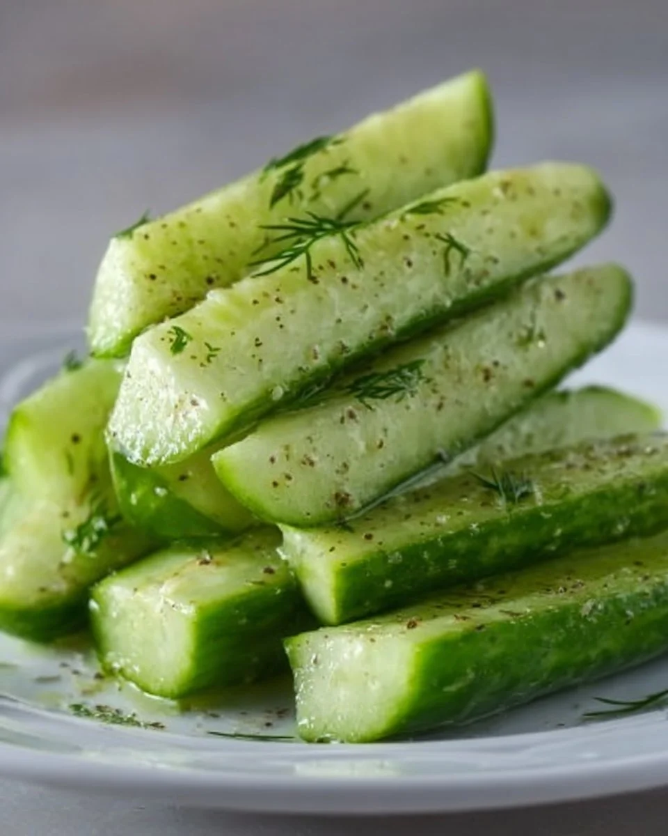 Delicious Garlic Dill Cucumbers in a bowl garnished with herbs