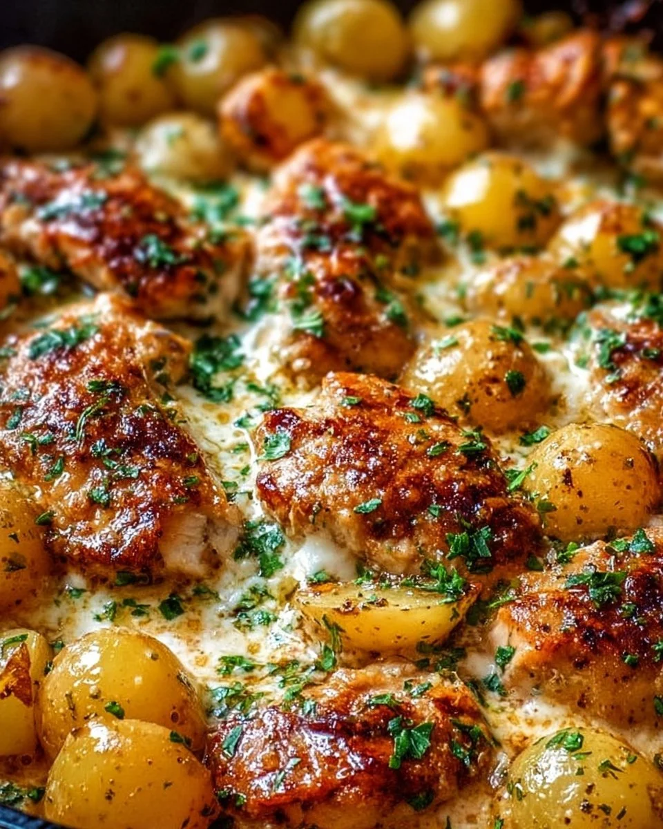 Delicious Garlic Parmesan Chicken served with roasted potatoes