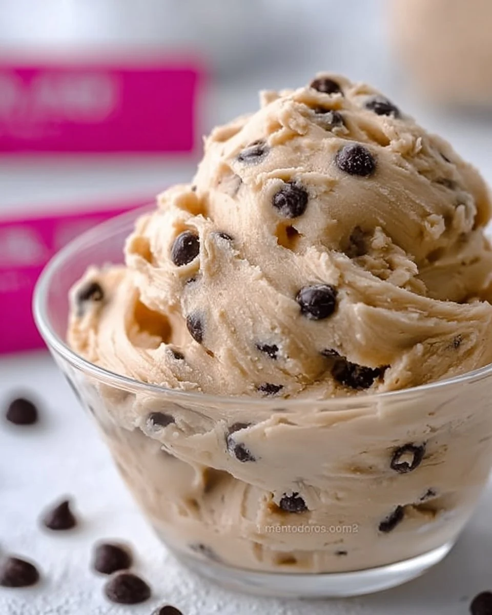 Delicious Greek Yogurt Cookie Dough in a bowl with chocolate chips