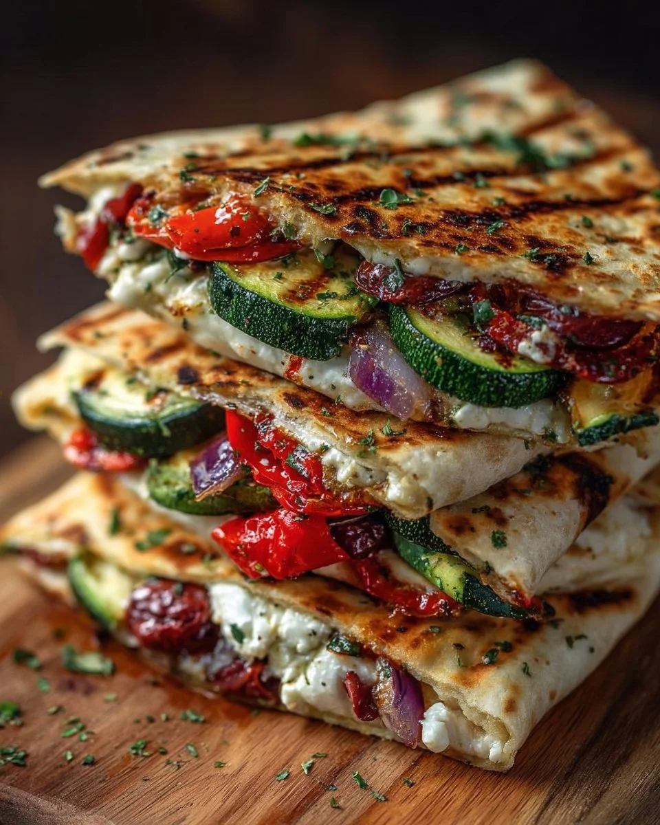 Grilled Mediterranean Veggie Quesadillas with fresh vegetables and cheese