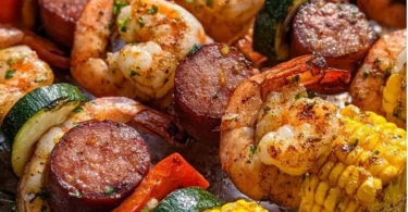 Delicious grilled seafood skewers on a barbecue grill