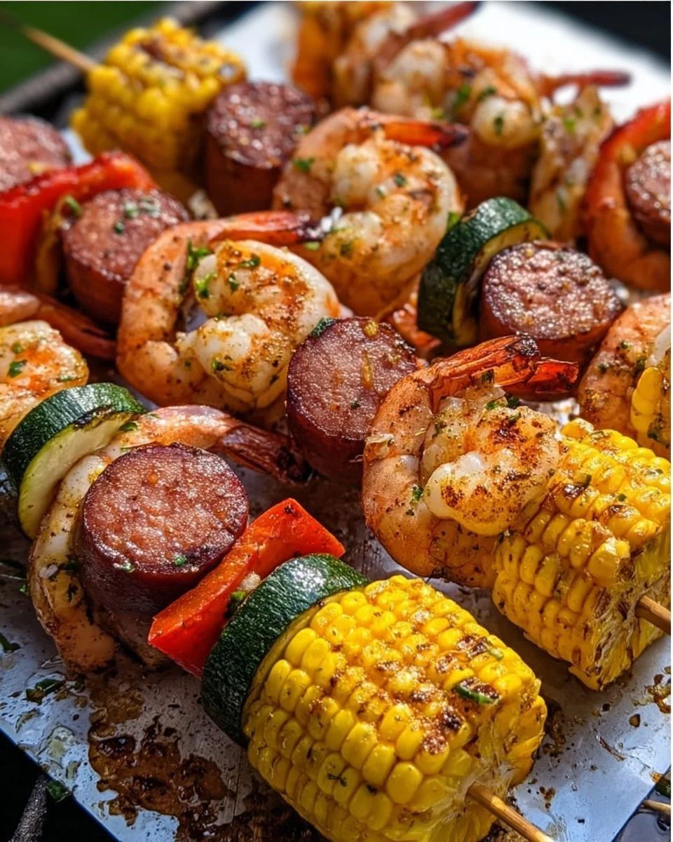 Delicious grilled seafood skewers on a barbecue grill