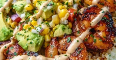 Grilled shrimp bowl topped with avocado corn salsa on a vibrant plate
