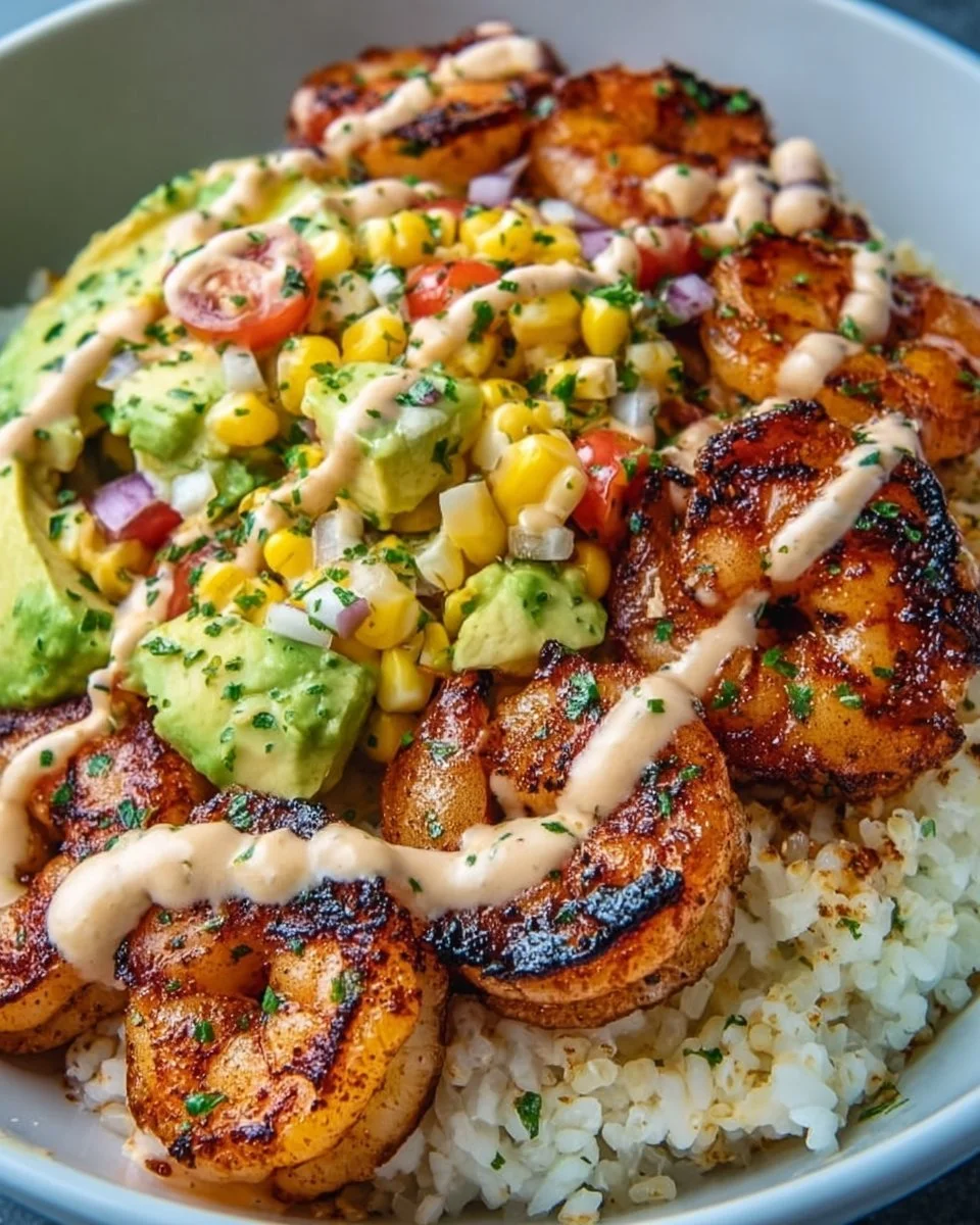 Grilled shrimp bowl topped with avocado corn salsa on a vibrant plate