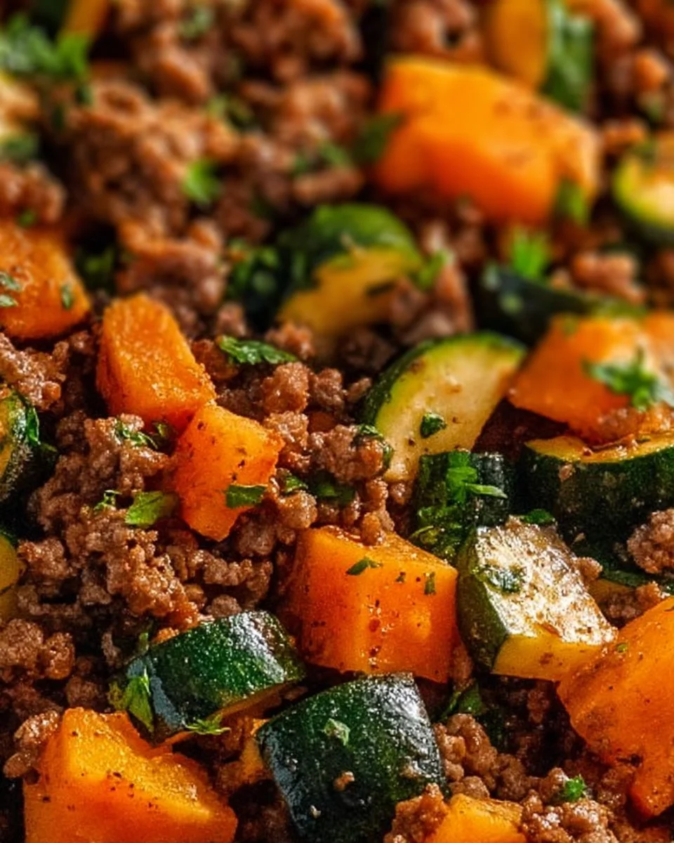 Ground beef zucchini sweet potato skillet with colorful vegetables in a pan