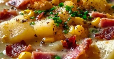Delicious ham and potato corn chowder served in a bowl.