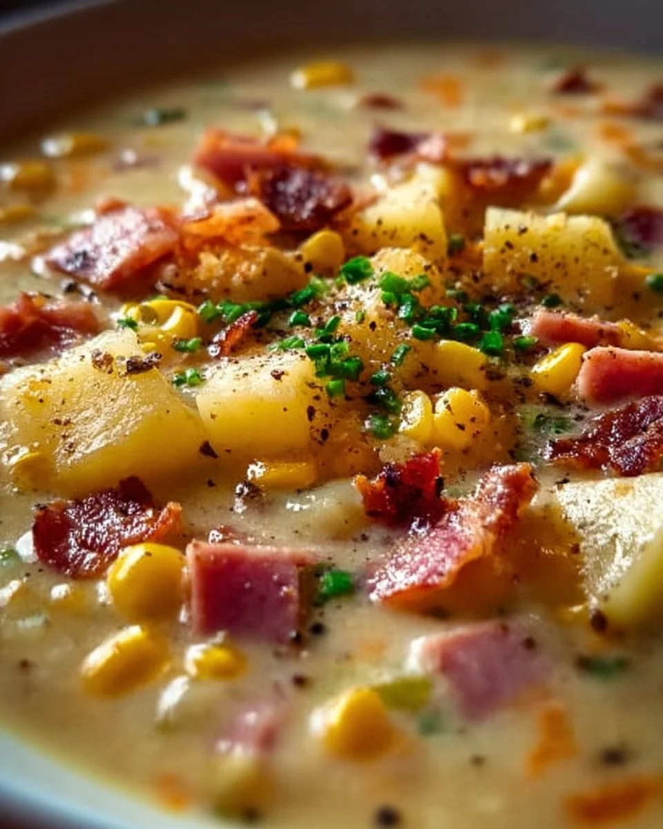 Delicious ham and potato corn chowder served in a bowl.