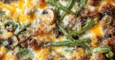 Baked Hamburger Green Bean Casserole topped with crispy onions