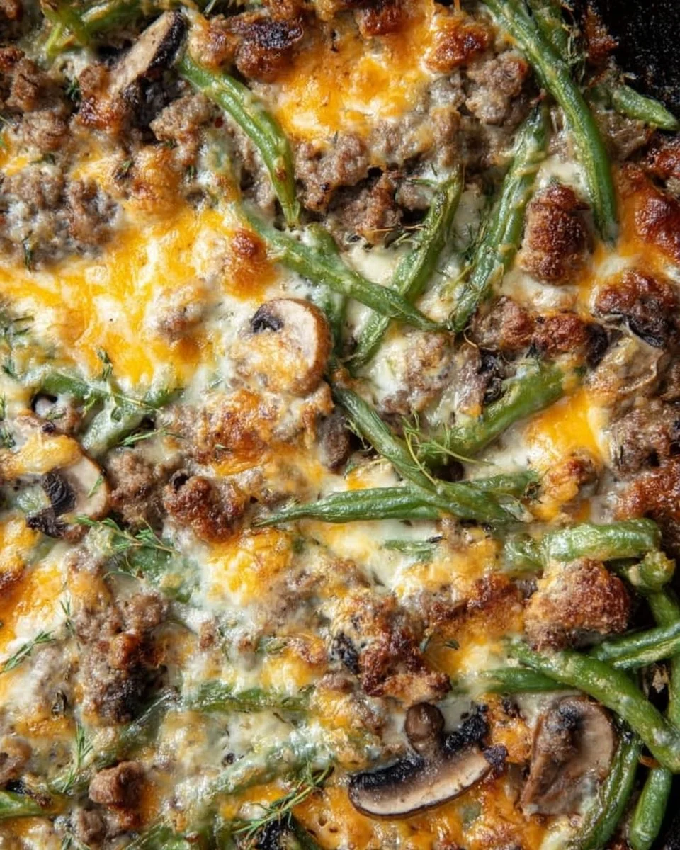 Baked Hamburger Green Bean Casserole topped with crispy onions