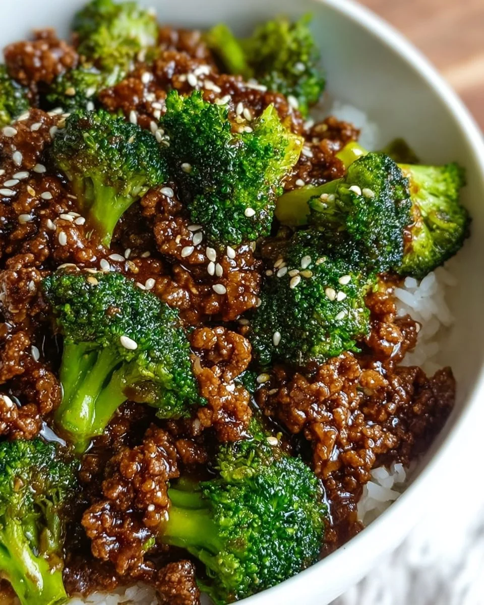 Healthy dish of hamburger meat stir-fried with fresh broccoli, served in a bowl.