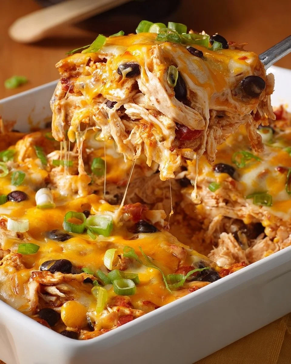 Healthy chicken taco casserole topped with fresh ingredients and served in a dish.