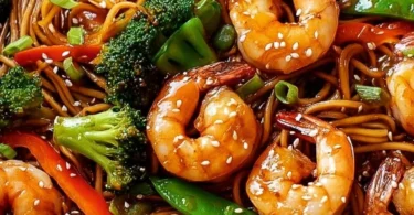 High-protein shrimp stir fry with noodles cooked in a single pan