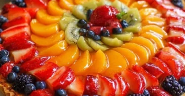 Delicious homemade fruit tart topped with an array of fresh fruits