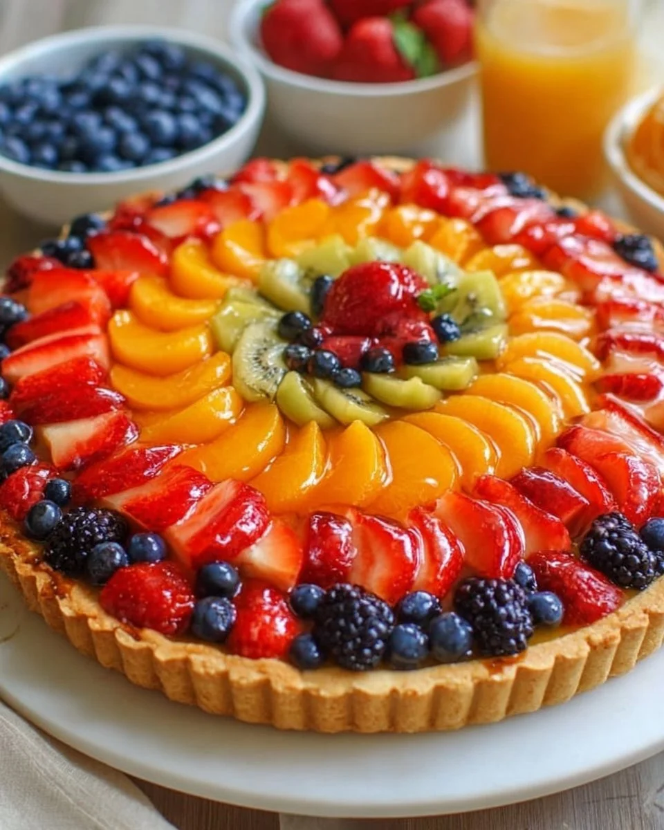 Delicious homemade fruit tart topped with an array of fresh fruits