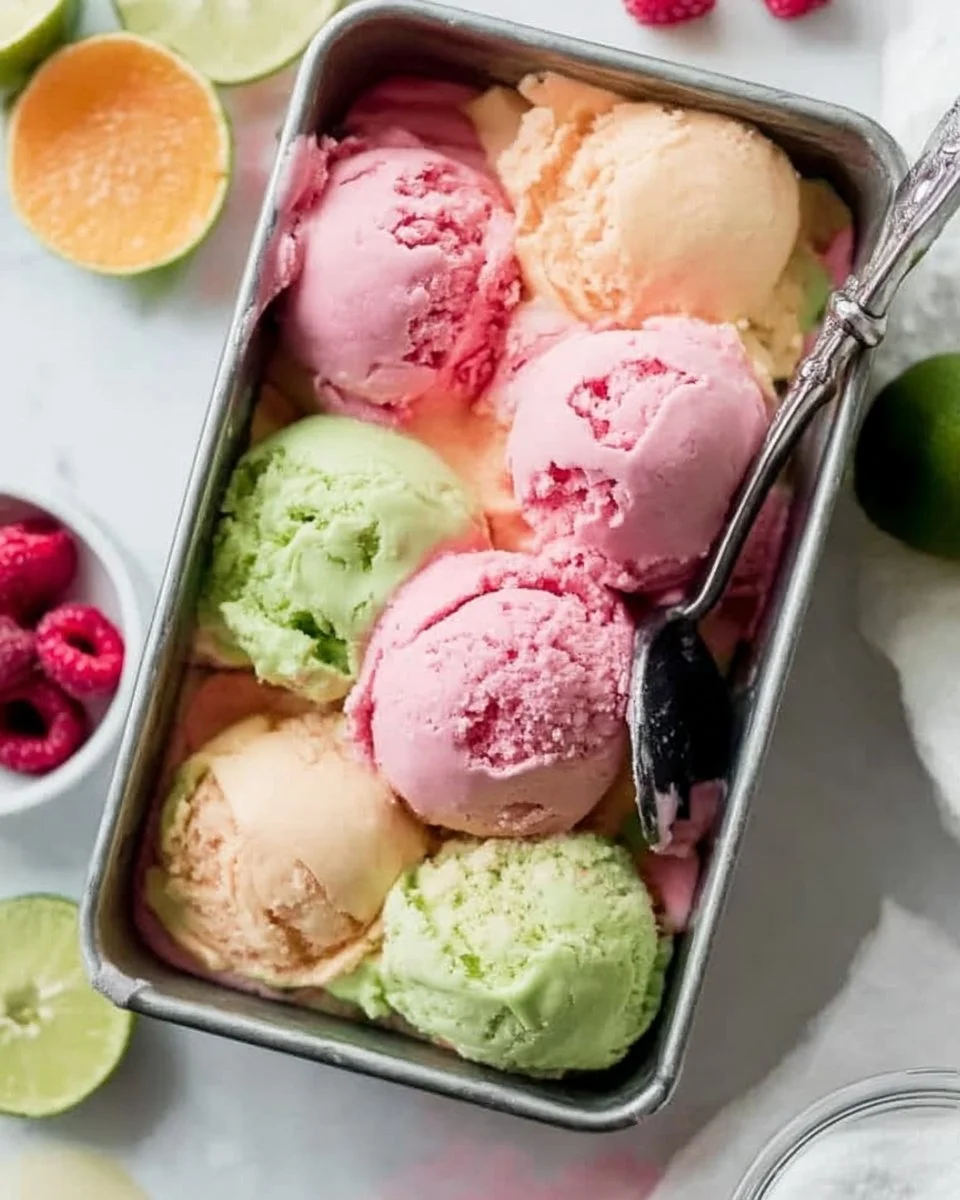Bowl of colorful homemade rainbow sherbet with vibrant fruit flavors