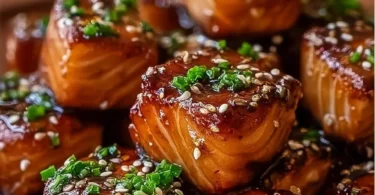 Delicious Honey Butter Garlic Glazed Salmon Bites served on a plate
