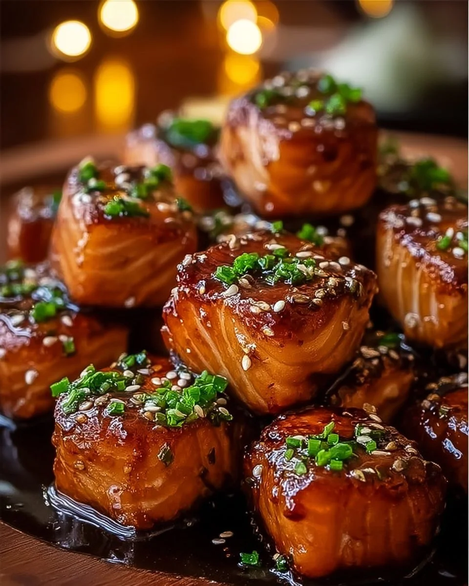 Delicious Honey Butter Garlic Glazed Salmon Bites served on a plate