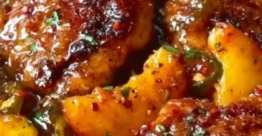 Delicious Jalapeño Peach Chicken garnished with fresh herbs