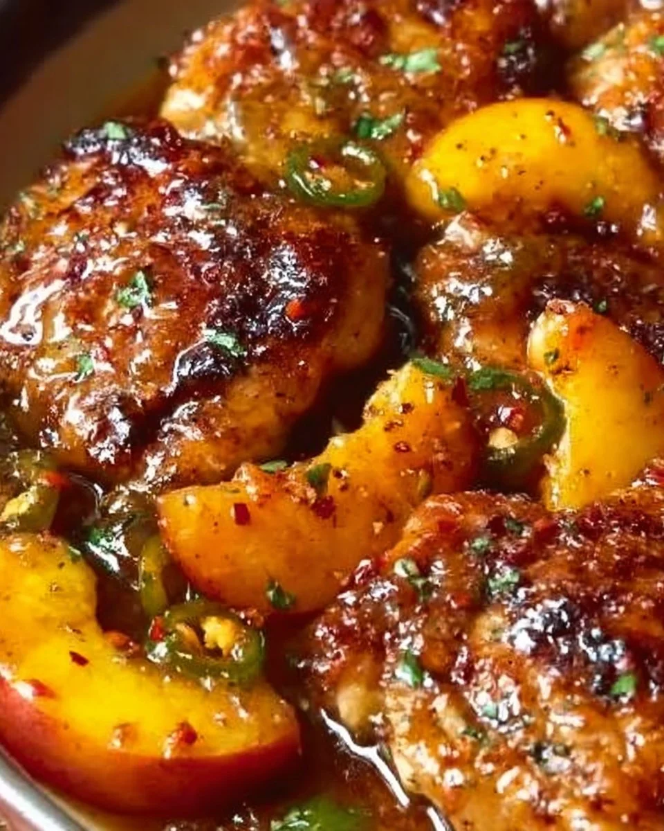 Delicious Jalapeño Peach Chicken garnished with fresh herbs
