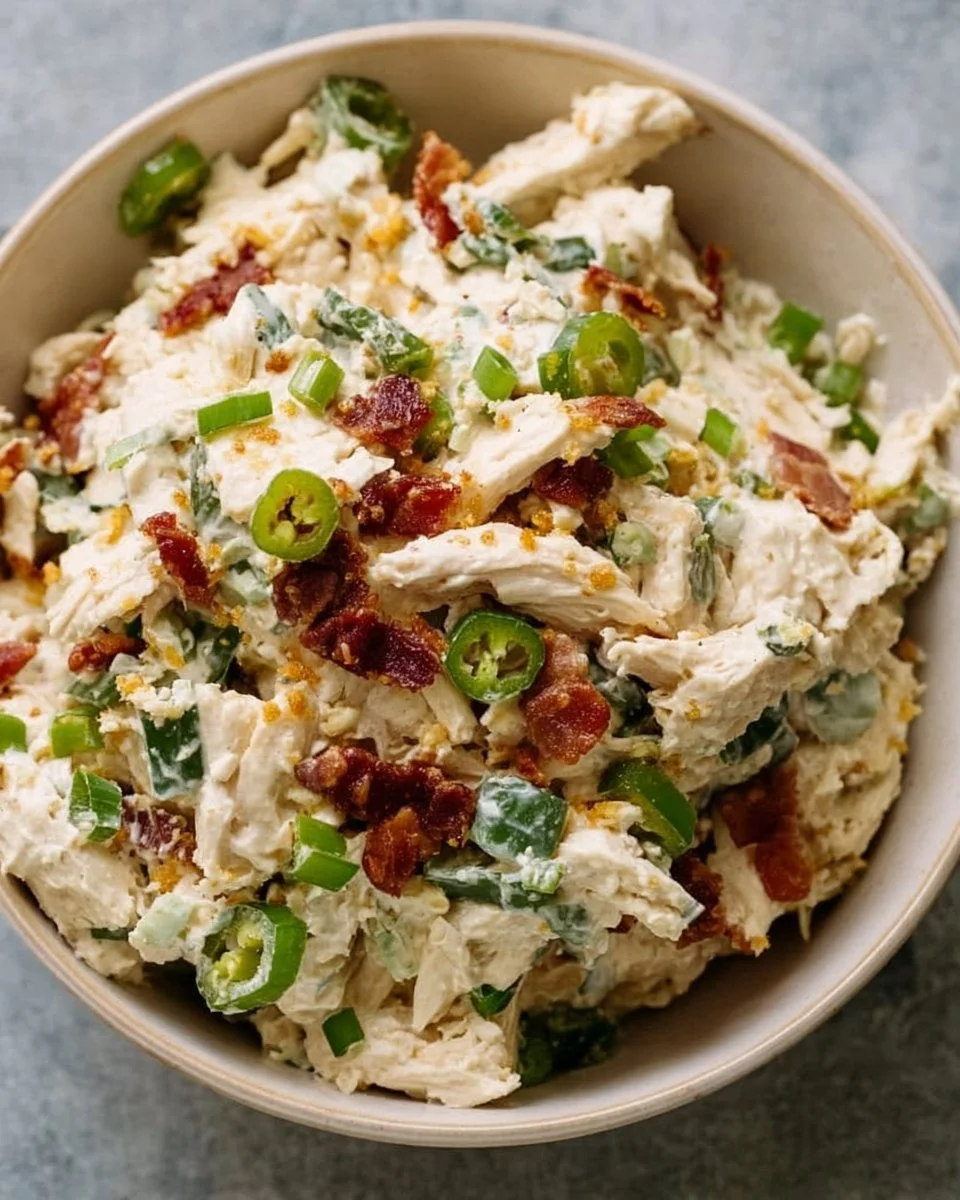 Jalapeño Popper Chicken Salad garnished with jalapeños and cheese.