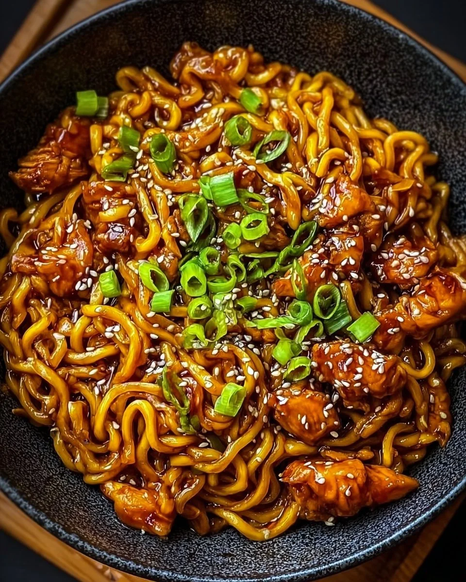 Bowl of Korean spicy chicken noodles garnished with green onions and chili flakes
