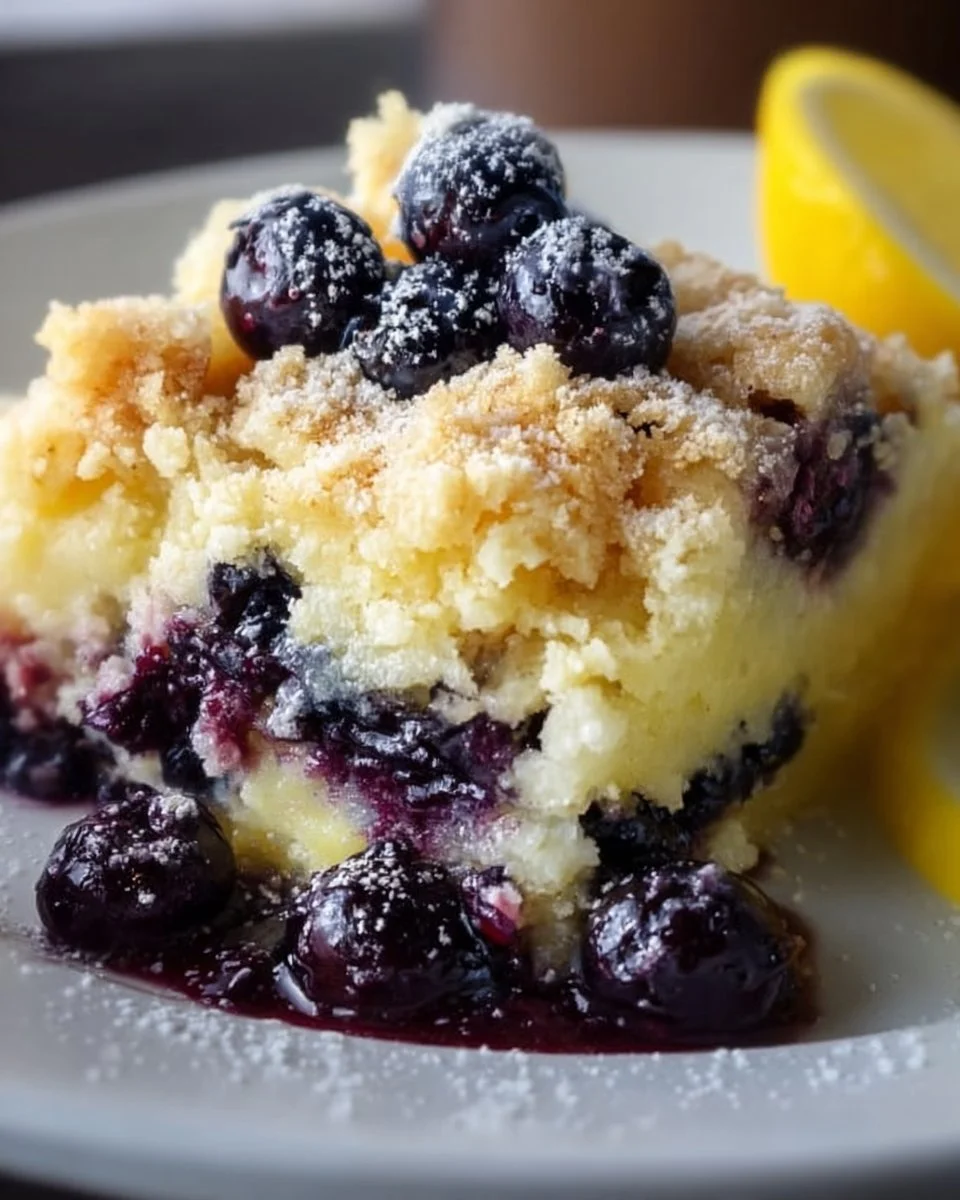 Lemon Blueberry Cheesecake Dump Cake topped with fresh blueberries and lemon zest
