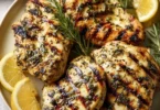 Lemon herb grilled chicken served with fresh herbs and lemon slices